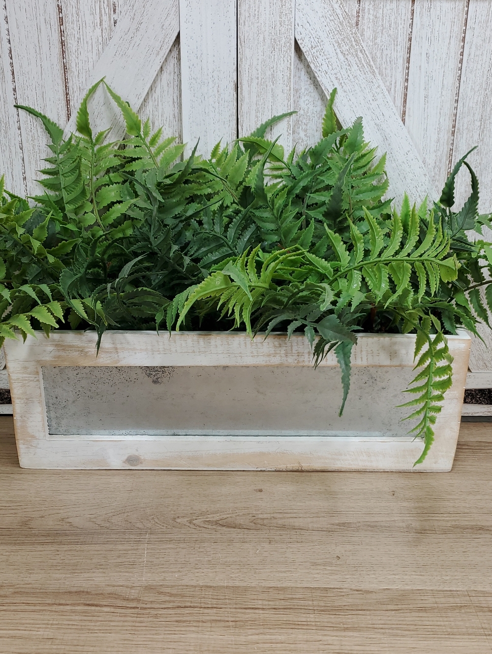 Artificial Fern in Rectangular Distressed Wood Planter Box Faux Plant Decor